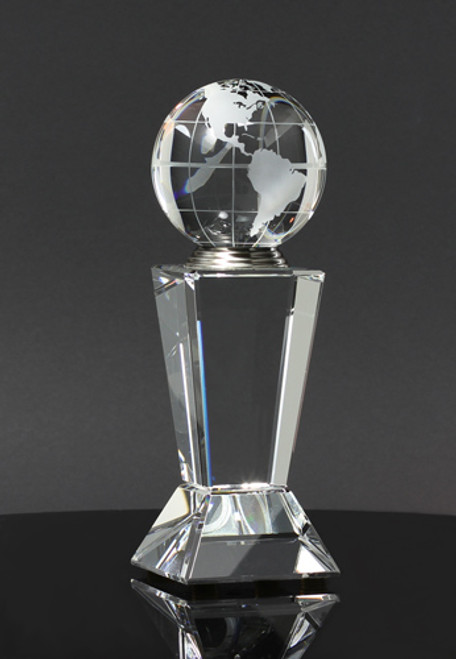 Crystal world globe trophy on top a tall trapezuim crystal etched for employee recogntion award