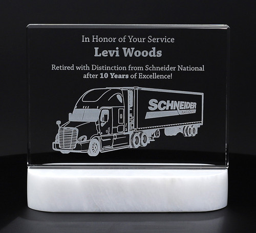 clear crystal rectangle etched with company logo and text to recognize employee achievements mounted atop a solid white marble base clear crystal rectangle etched with company logo and text to recognize employee achievements mounted atop a solid white marble base