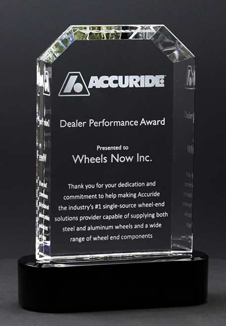 Modern crystal award with angle corners and large bevels on black crystal base