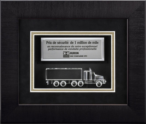 Framed shadow box plaque award with a crystal semi truck inside to recognize achievements of great truck drivers