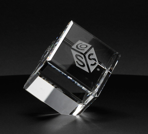 Crystal Diamond Cube etched with logo and text for a marketing and branding gifts.