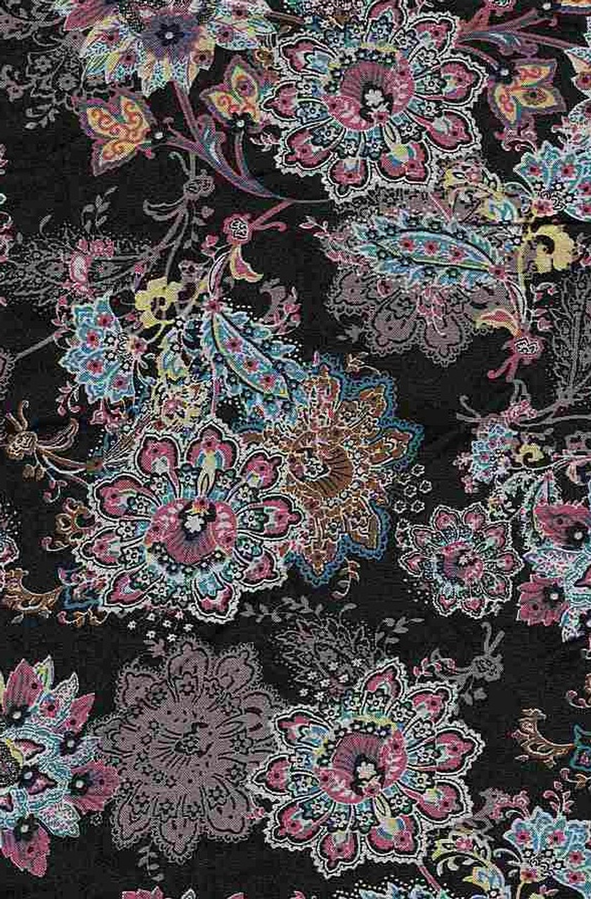 Black Pink Ditsy Floral Pattern Printed On Rayon Challis Fabric