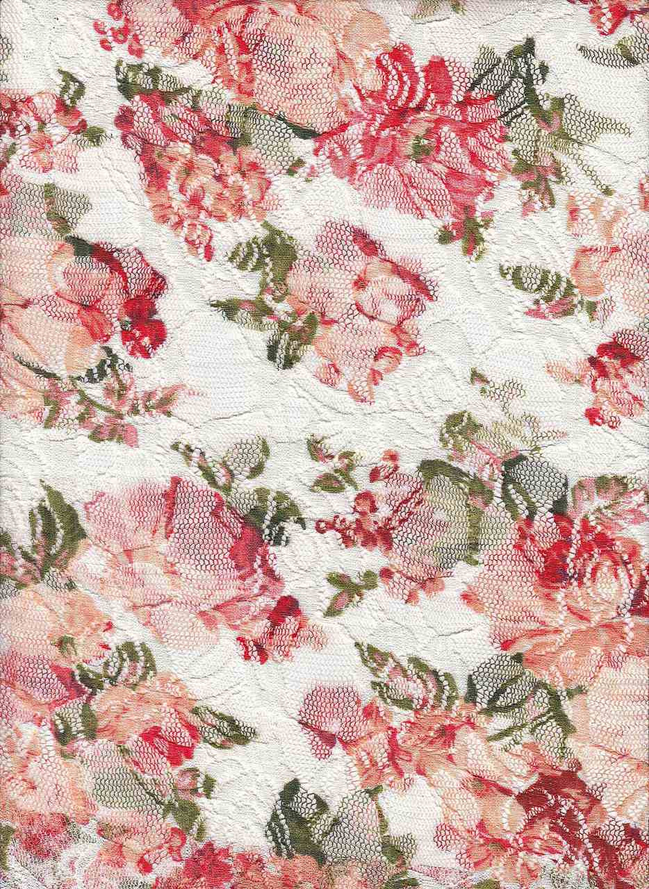 Floral Knits Lace Fabric- Lace PrtF329 Ivory-Coral