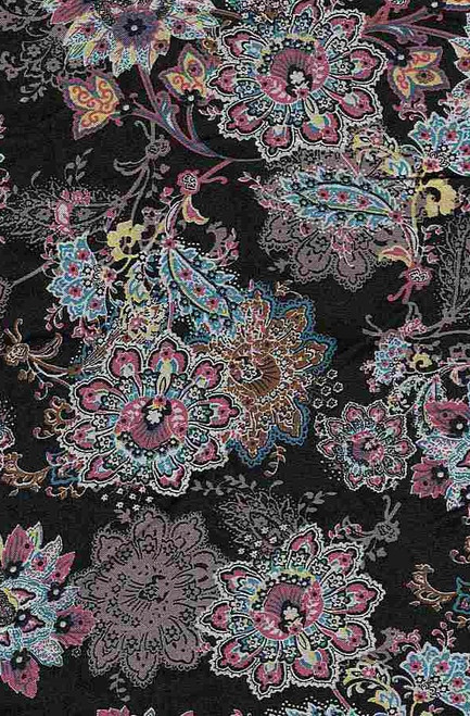 Floral Woven Rayon Challis Fabric - Challi Ptf1042 Black-Pink-Turquoise