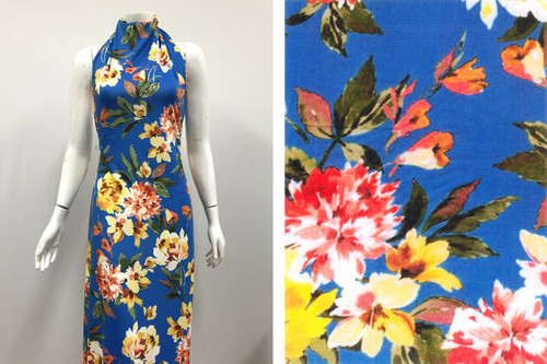 Floral Woven Bubble Crepe Fabric - Bubble Crepe F1039 Royal-Yellow