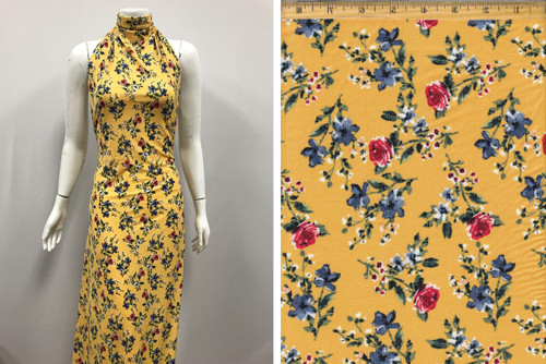 Floral Knit DTY Polyester Knit Spandex Fabric - DTY FD563 Yellow-Blue-Coral