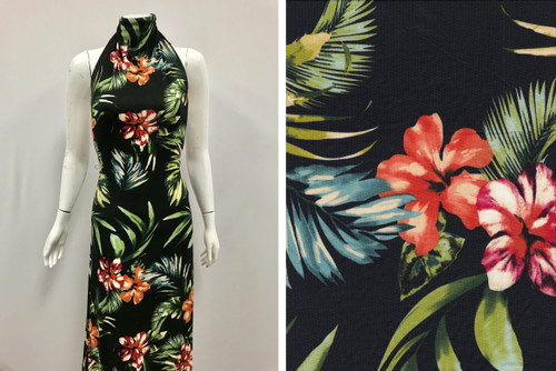 Floral Knit DTY Brushed Polyester Knit Spandex Fabric - DTY Brush FT1083 Black-Orange