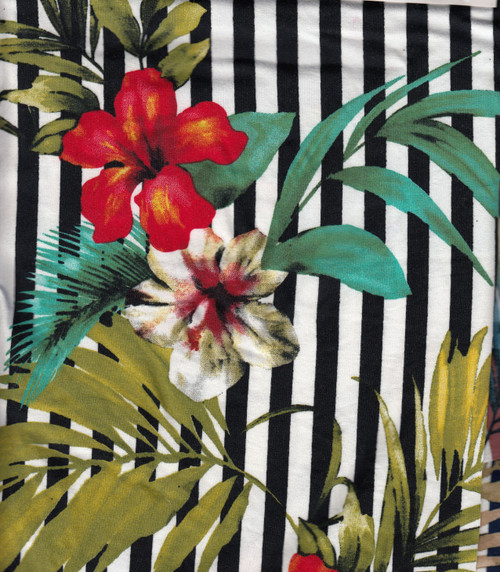 Stripe Floral Knit DTY Brushed Polyester Knit Spandex Fabric - DTY Brush F1095 Black-White-Red