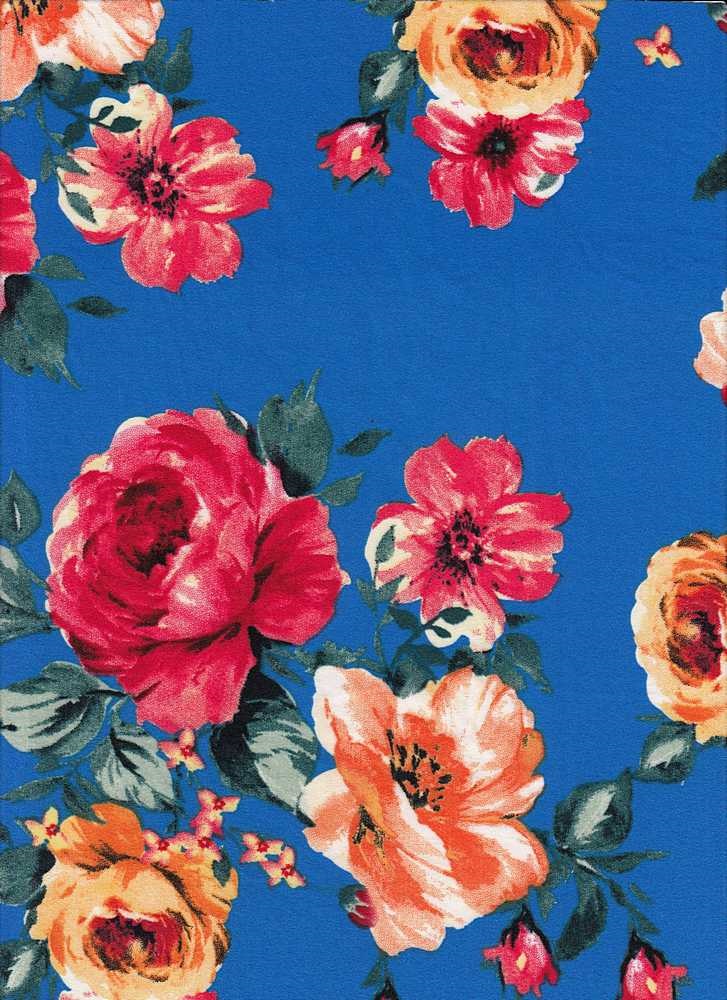 Floral Knit Dty Brushed Polyester Knit Spandex Fabric- DTYBRUSHF8138  Blue-Fuschia - Fabrics by the Yard