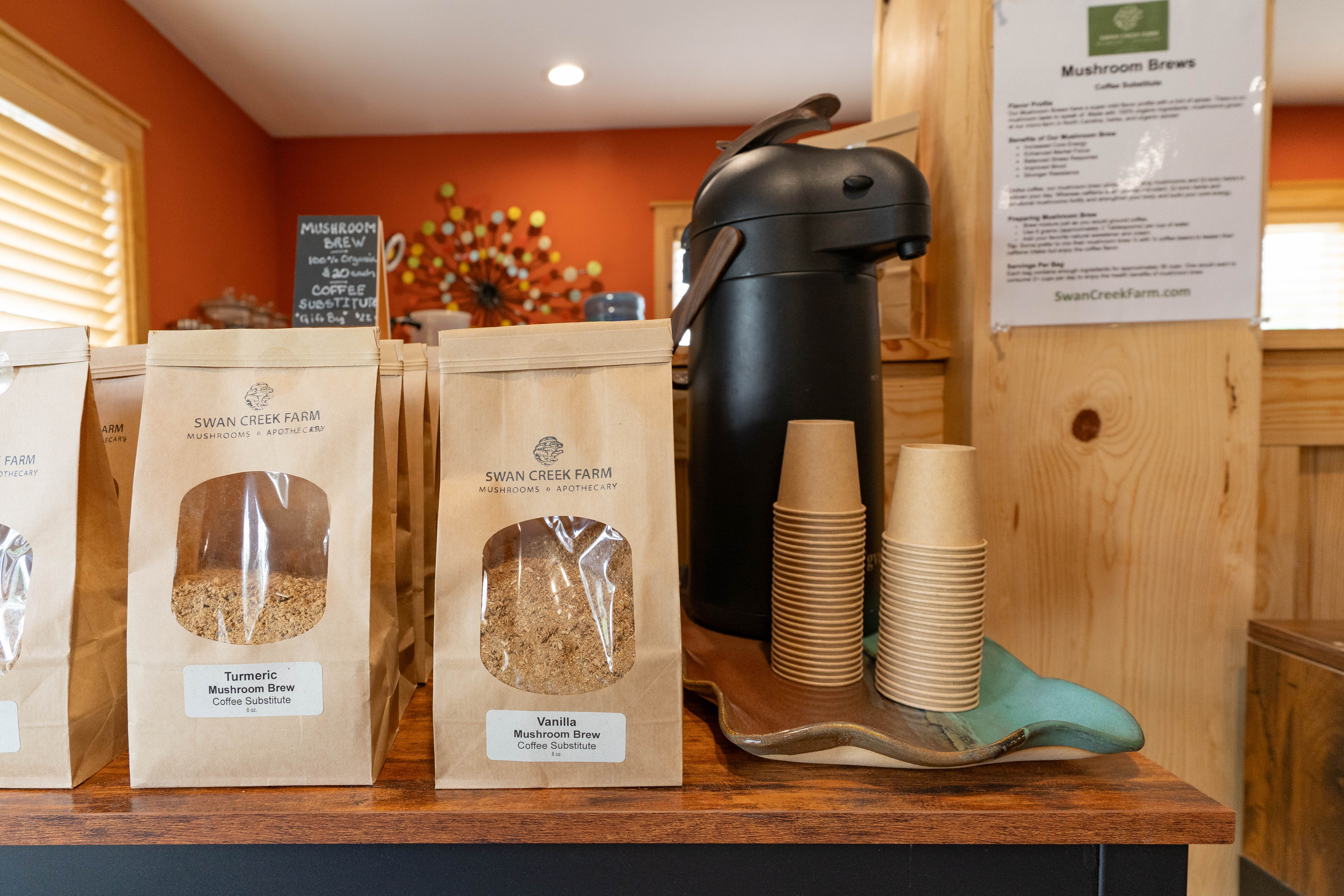 mushroom koffee samples offered at our micro farm