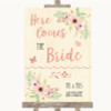 Blush Peach Floral Here Comes Bride Aisle Personalized Wedding Sign