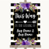 Black & White Stripes Purple This Way Arrow Left Personalized Wedding Sign