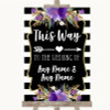 Black & White Stripes Purple This Way Arrow Right Personalized Wedding Sign