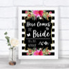 Black & White Stripes Pink Here Comes Bride Aisle Personalized Wedding Sign