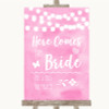 Baby Pink Watercolour Lights Here Comes Bride Aisle Personalized Wedding Sign