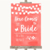 Coral Watercolour Lights Here Comes Bride Aisle Personalized Wedding Sign
