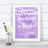 Lilac Watercolour Lights Here Comes Bride Aisle Personalized Wedding Sign