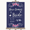 Navy Blue Pink & Silver Here Comes Bride Aisle Personalized Wedding Sign