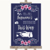 Navy Blue Pink & Silver Photobooth This Way Left Personalized Wedding Sign