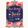 Navy Blue Blush Rose Gold Here Comes Bride Aisle Personalized Wedding Sign