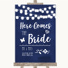 Navy Blue Watercolour Lights Here Comes Bride Aisle Personalized Wedding Sign