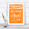 Orange Watercolour Lights Here Comes Bride Aisle Personalized Wedding Sign