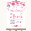 Pink Watercolour Floral Here Comes Bride Aisle Personalized Wedding Sign