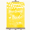 Yellow Watercolour Lights Here Comes Bride Aisle Personalized Wedding Sign