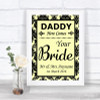 Yellow Damask Daddy Here Comes Your Bride Personalized Wedding Sign