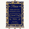 Blue & Gold Don't Post Photos Online Social Media Personalized Wedding Sign