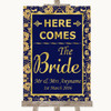 Blue & Gold Here Comes Bride Aisle Sign Personalized Wedding Sign