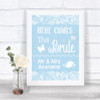 Blue Burlap & Lace Here Comes Bride Aisle Sign Personalized Wedding Sign