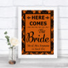 Burnt Orange Damask Here Comes Bride Aisle Sign Personalized Wedding Sign