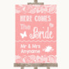 Coral Burlap & Lace Here Comes Bride Aisle Sign Personalized Wedding Sign