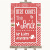 Red Winter Here Comes Bride Aisle Sign Personalized Wedding Sign