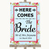 Shabby Chic Floral Here Comes Bride Aisle Sign Personalized Wedding Sign