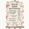 Vintage Roses Rules Of The Dancefloor Personalized Wedding Sign