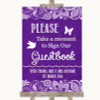 Purple Burlap & Lace Take A Moment To Sign Our Guest Book Wedding Sign