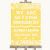 Yellow Burlap & Lace We Are Getting Married Personalized Wedding Sign