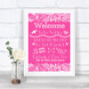 Bright Pink Burlap & Lace Welcome Order Of The Day Personalized Wedding Sign