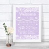 Lilac Burlap & Lace Welcome Order Of The Day Personalized Wedding Sign