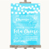 Aqua Sky Blue Watercolour Lights Cheeseboard Cheese Song Wedding Sign