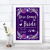 Purple & Silver Here Comes Bride Aisle Personalized Wedding Sign