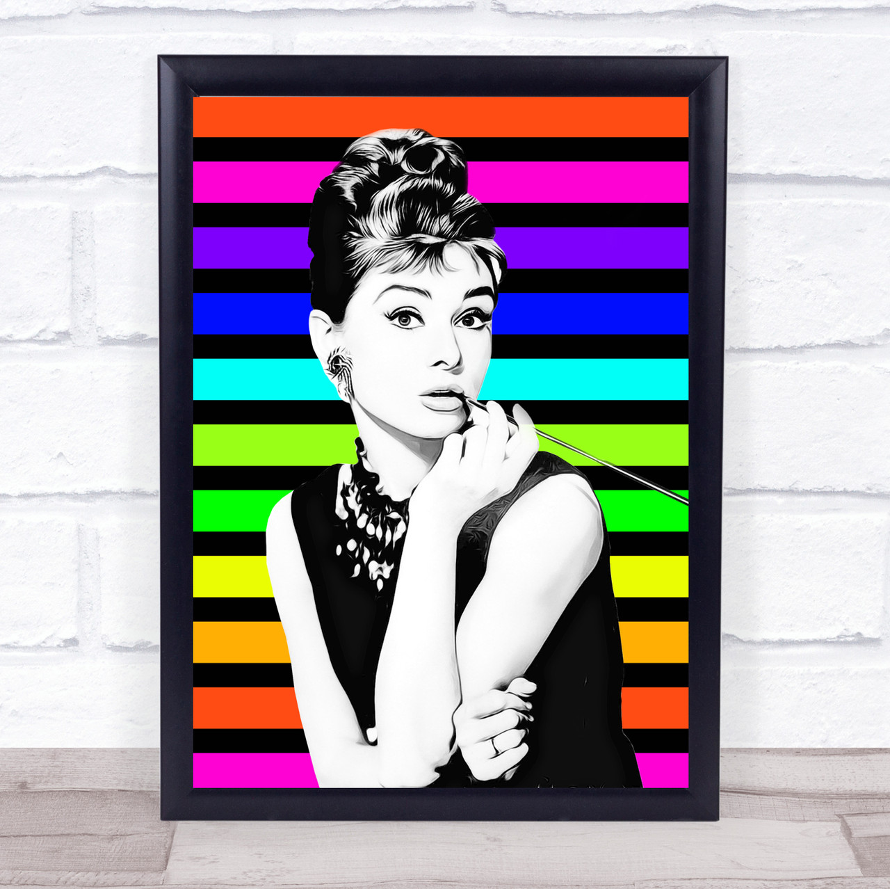 Audrey Hepburn On 80S Stripes Funky Wall Art Print - Red Heart Print