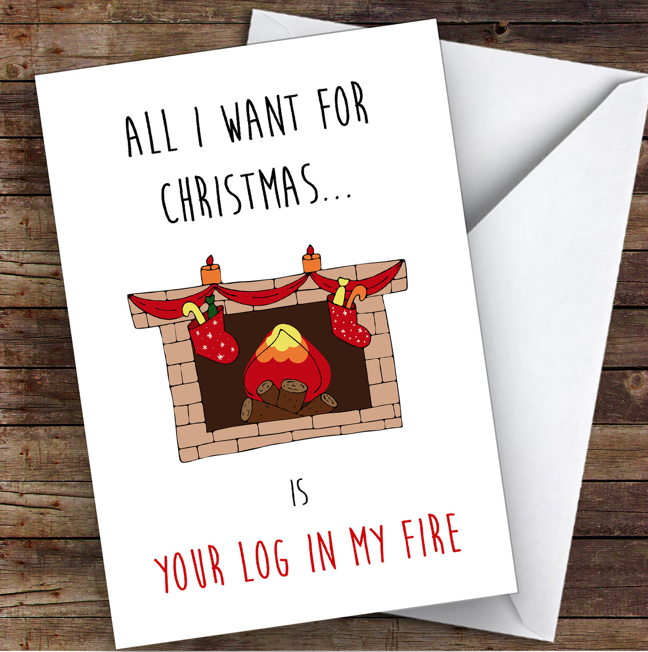 rude dirty your log my fire joke personalized christmas card - red