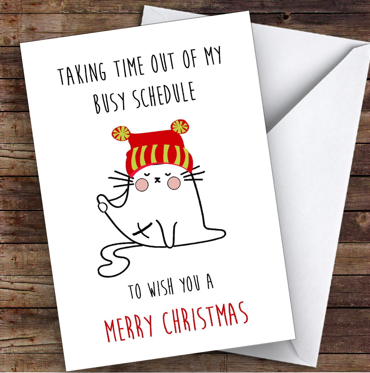 Funny Cat Licking Butt Joke Personalized Christmas Card - Red Heart Print funny-cat-licking-butt-joke-personalized-christmas-card-red-heart-print