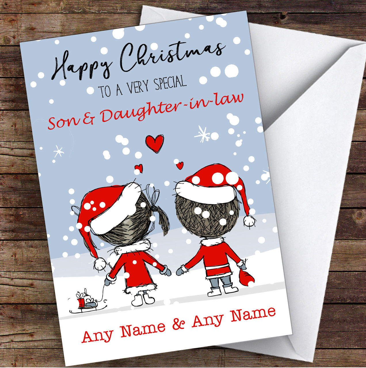 Snowy Scene Couple Son & Daughter-In-Law Personalized Christmas Card - Red Heart Print snowy-scene-couple-son-daughter-in-law-personalized-christmas-card-red-heart-print