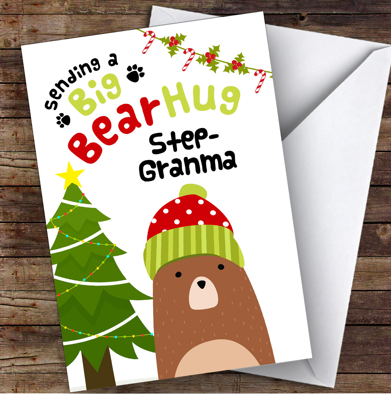 Step Grandma Sending A Big Bear Hug Personalized Christmas Card - Red Heart Print step-grandma-sending-a-big-bear-hug-personalized-christmas-card-red-heart-print