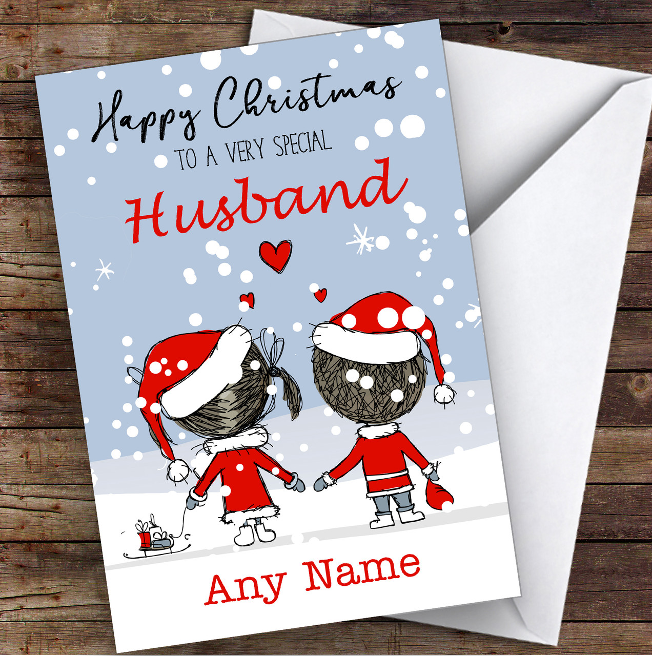 snowy scene couple husband personalized christmas card - red heart