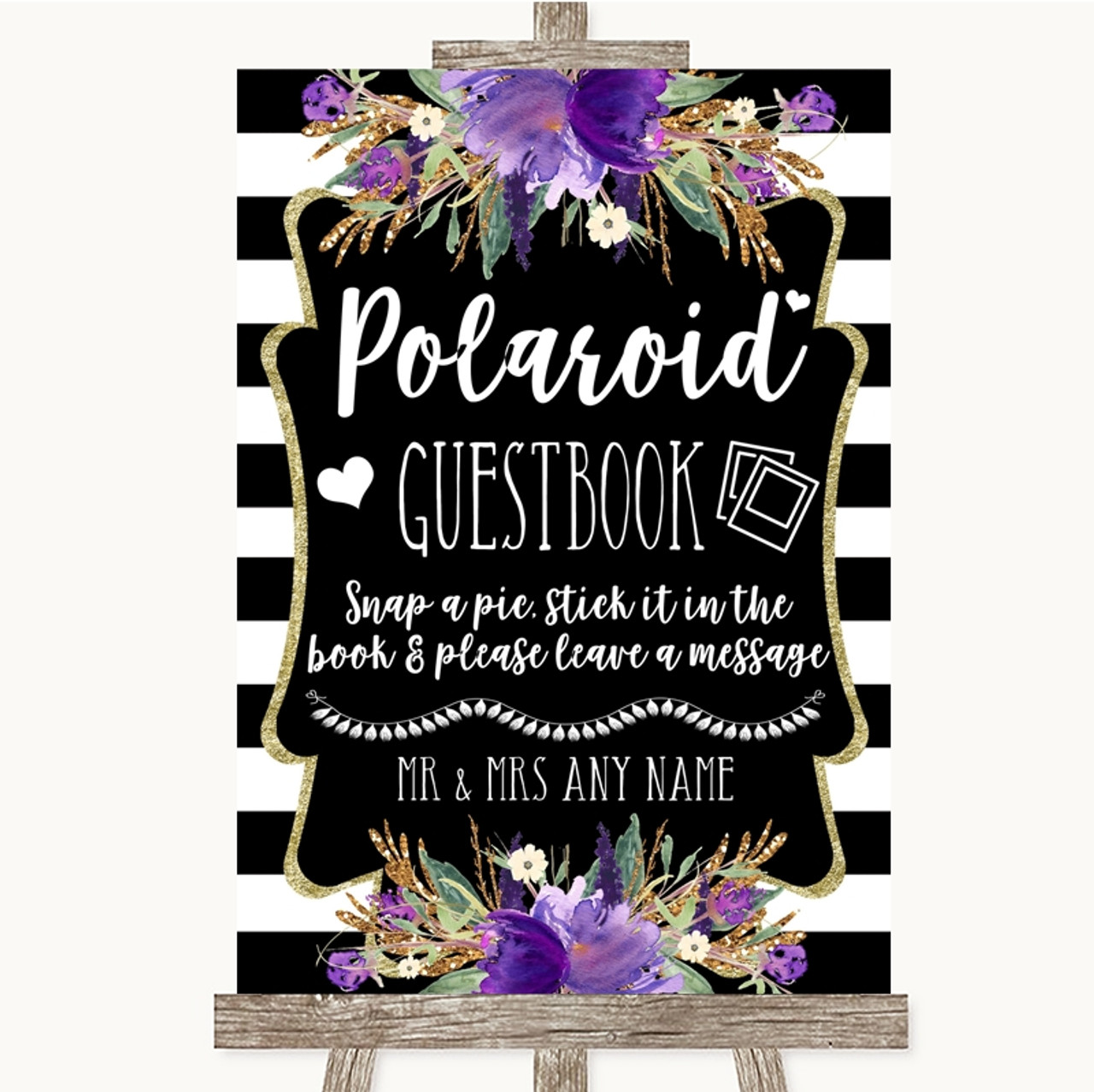 Black & White Stripes Purple Polaroid Guestbook Personalized Wedding Sign -  Red Heart Print